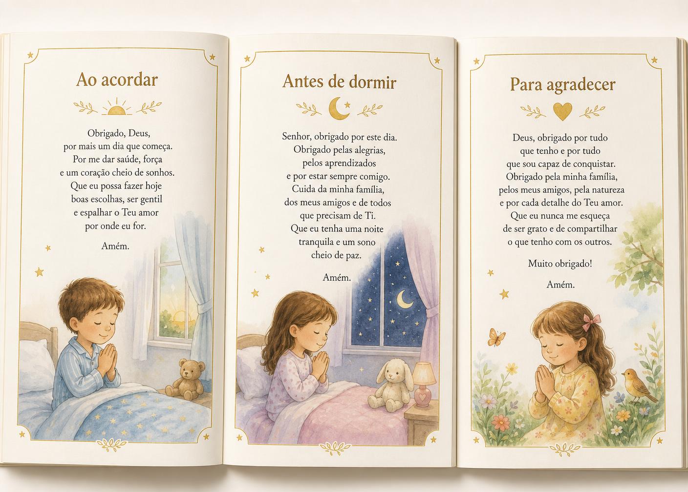 Páginas internas com orações Ao acordar, Antes de dormir e Para agradecer